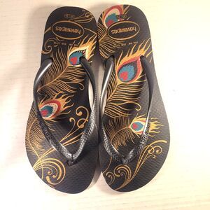 Havianas Peacock Feathers Flip Flops Sandal Women Sz 6 EUR 37/38 Black Gold Pink